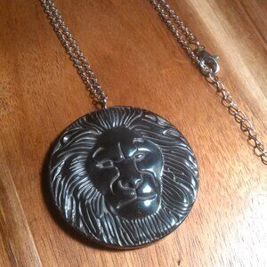 Hematite Lion Charm Silvertone Necklace